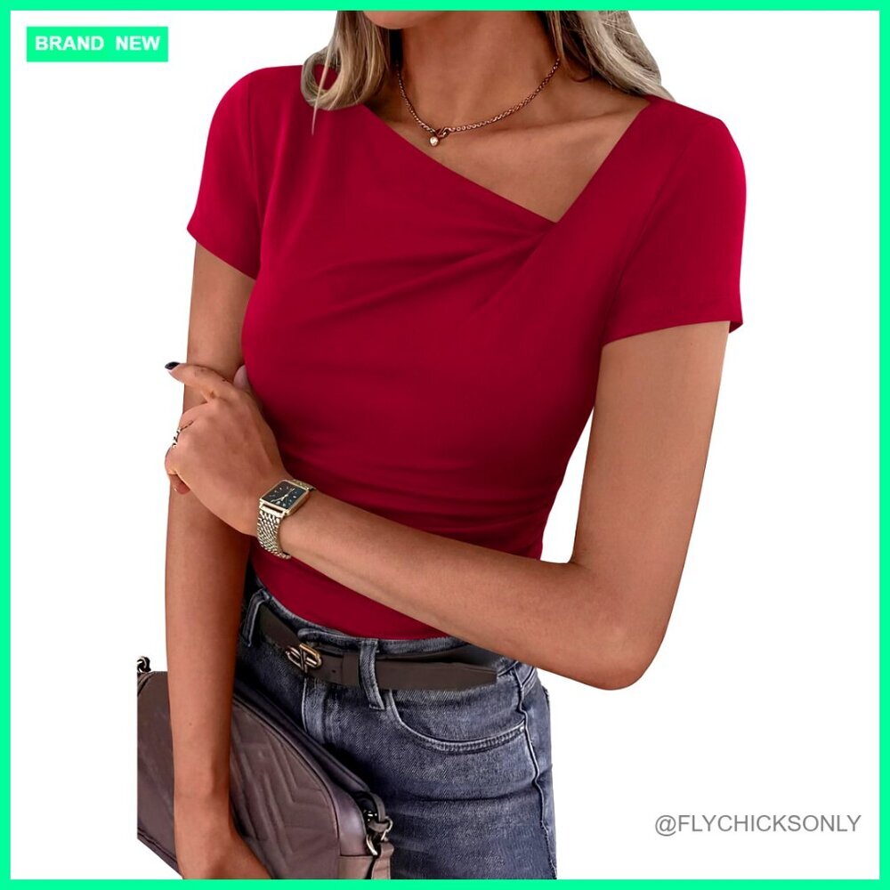 Slim Fit Asymmetrical Ribbed Crop Top Short Sleeve Tee Y2K Summer